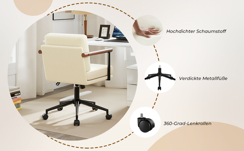 Homeoffice Stuhl, Gepolsterter Schreibtischstuhl Höhenverstellbar, Schminkstuhl mit Holz Armlehnen und Rollen