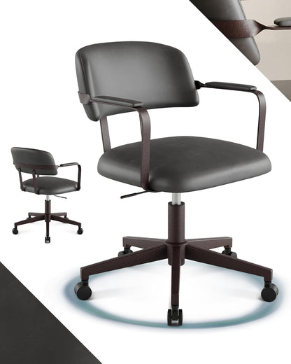 Bürostuhl Leder Aesthetic Schreibtischstuhl Ergonomisch Drehsessel mit Rollen Armlehnen Retro-Sessel Vintage
