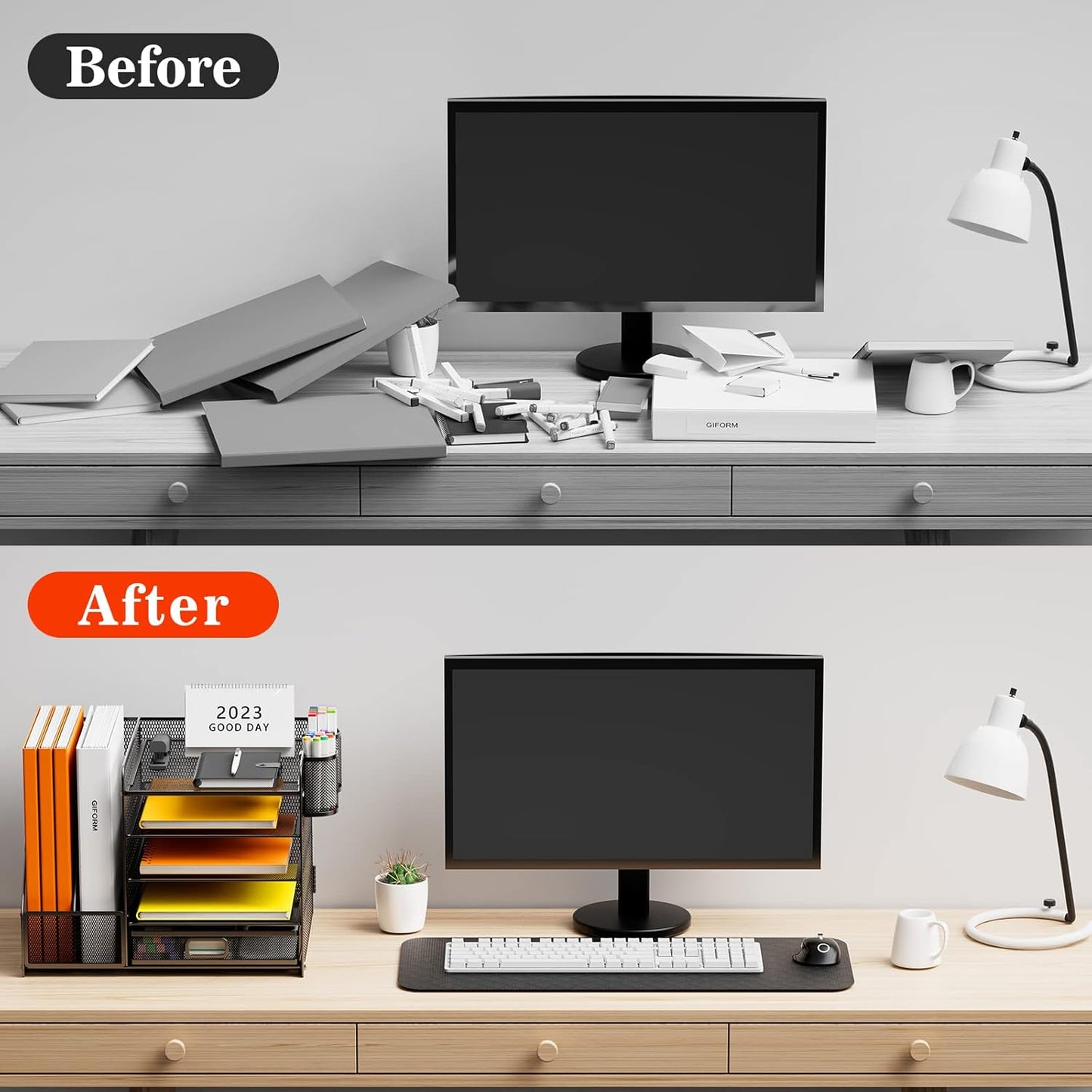 Desk Organizer with File Holder, 5-Tier Paper Organizer with Drawer and 2 Pen Holders