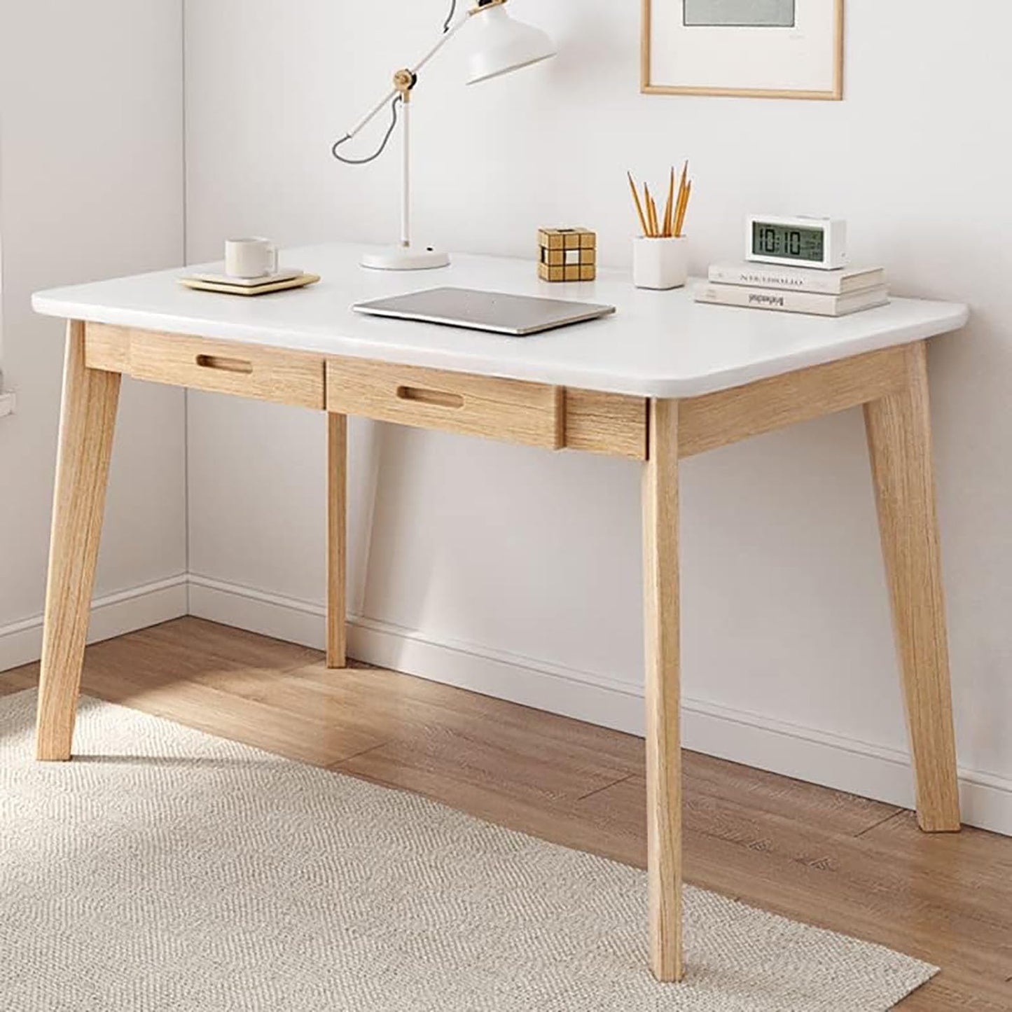 Wood Desk, Small Desk with Drawers, Home Office Computer Desk