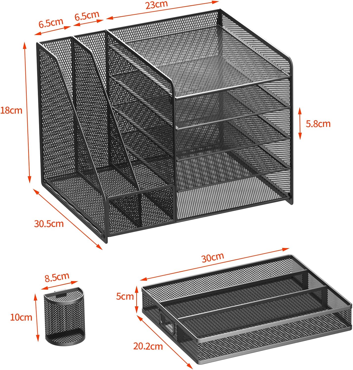 Desk Organizer with File Holder, 5-Tier Paper Organizer with Drawer and 2 Pen Holders
