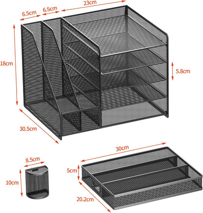 Desk Organizer with File Holder, 5-Tier Paper Organizer with Drawer and 2 Pen Holders