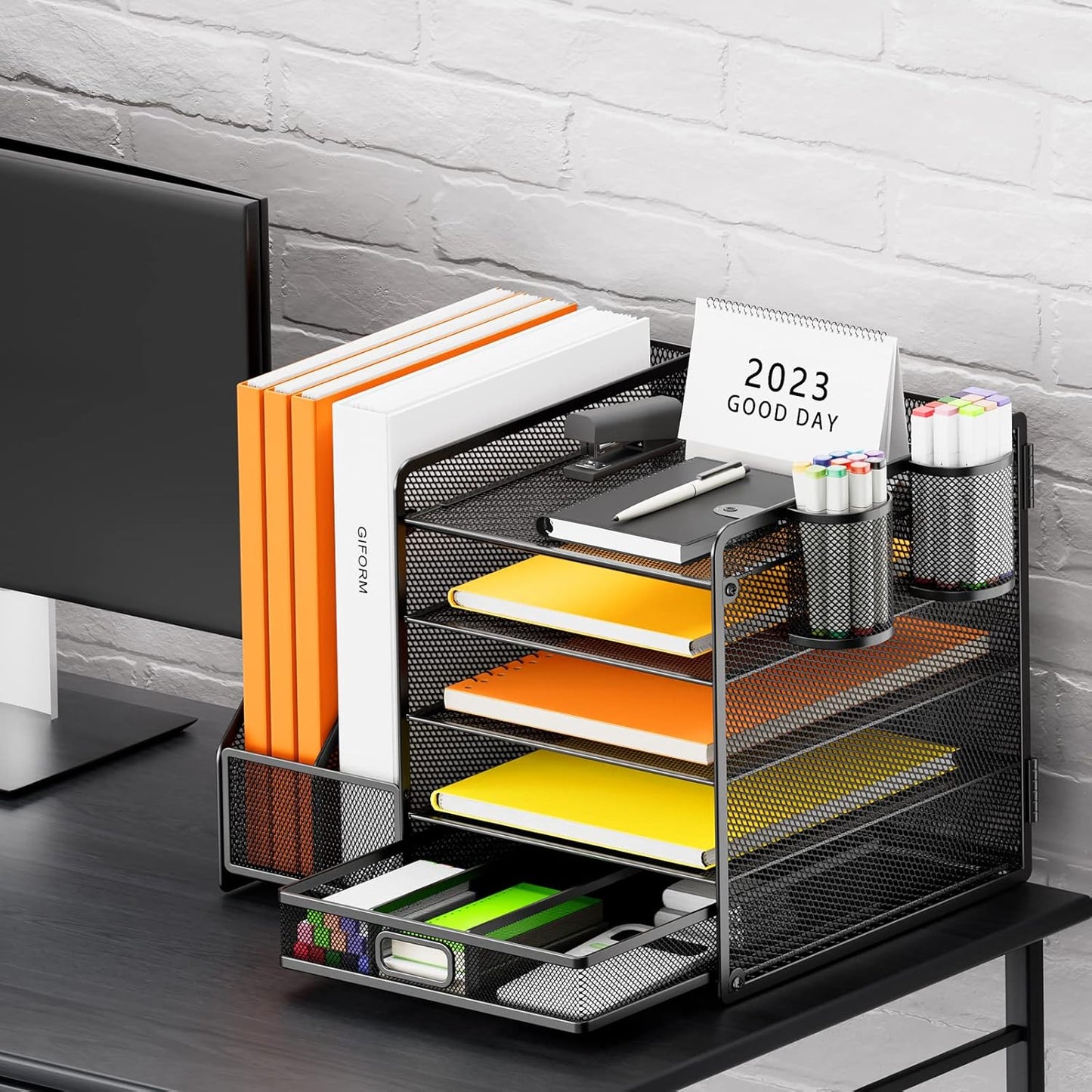 Desk Organizer with File Holder, 5-Tier Paper Organizer with Drawer and 2 Pen Holders