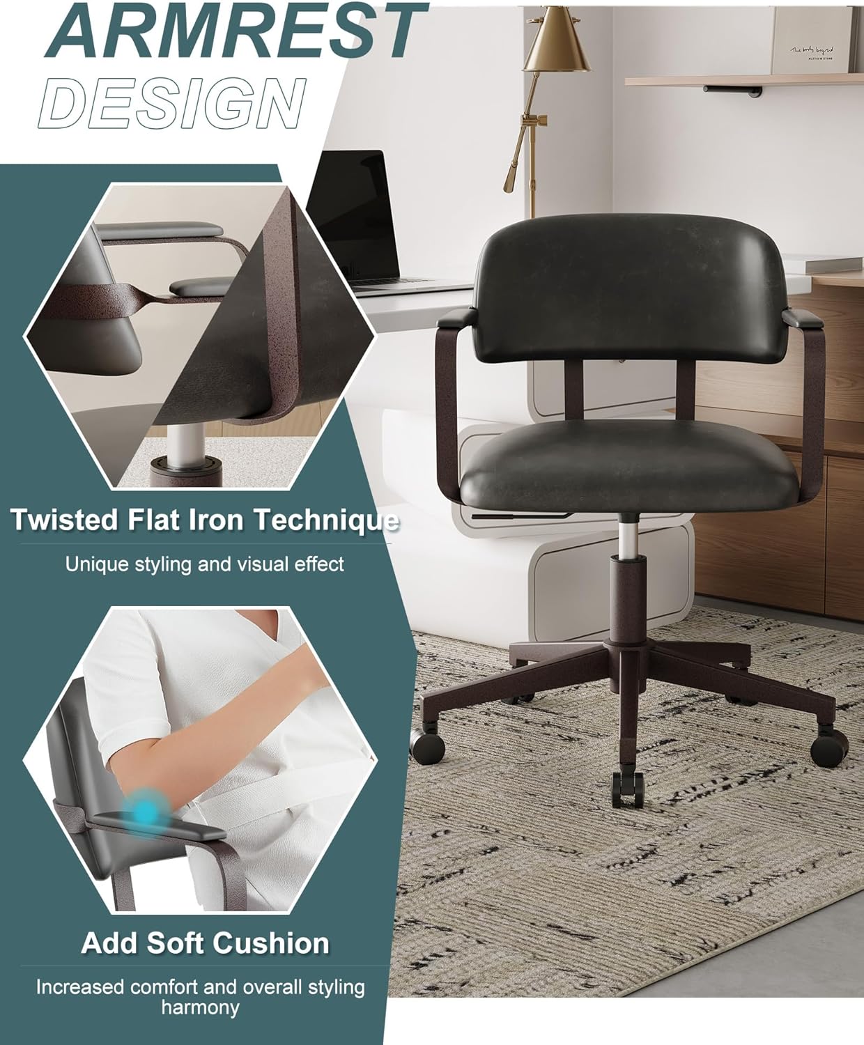 Bürostuhl Leder Aesthetic Schreibtischstuhl Ergonomisch Drehsessel mit Rollen Armlehnen Retro-Sessel Vintage