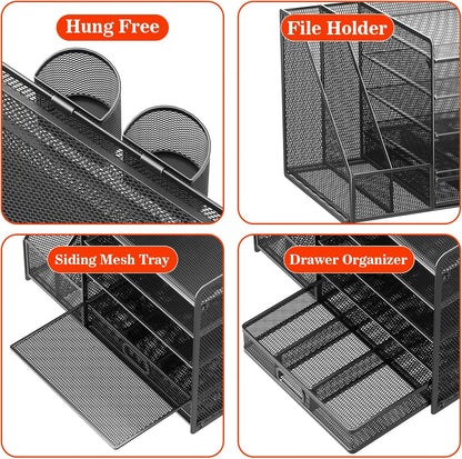 Desk Organizer with File Holder, 5-Tier Paper Organizer with Drawer and 2 Pen Holders