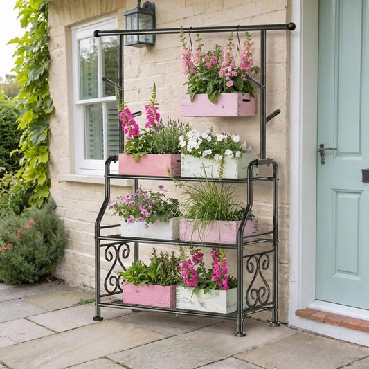 3-Tier Tall Metal Plant Stand Indoor Outdoor | Durable Plant Shelf with 5 Hooks | Large Pot Holder for Balcony Garden Patio